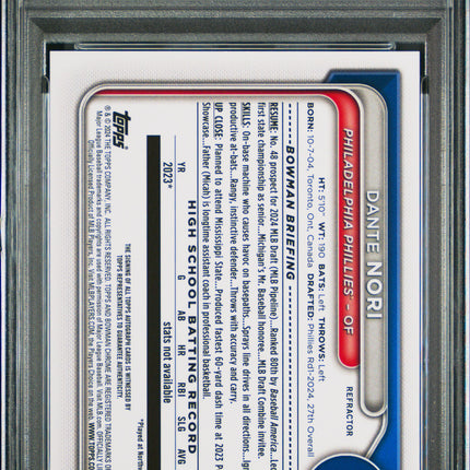 2024 Bowman Draft Chrome Prospect Auto Dante Nori #CPADN Refractor /499 PSA 10