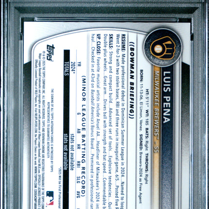 2025 Bowman Chrome Prospect Autographs Luis Pena #CPALP Blue Ref 107/150 PSA 8