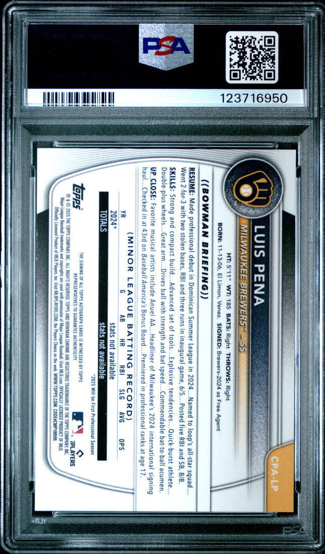 2025 Bowman Chrome Prospect Autographs Luis Pena #CPALP Blue Ref 107/150 PSA 8