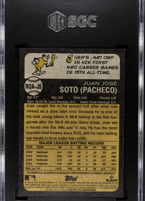 2022 Topps Heritage Juan Soto #ROA-JS Real One Autograph Red Ink SGC 9.5