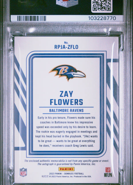 2023 Panini Donruss Rookie Phenom Patch auto Zay Flowers #RPJAZFLO /49 PSA 9