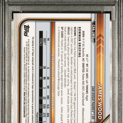 2022 Bowman Chrome James Wood #CPAJWD Speckle Refractor /299 PSA 10 Auto