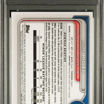 2024 Bowman Sapphire Edition Chrome Aidan Miller #BCP27 Gold 11/50 PSA 10