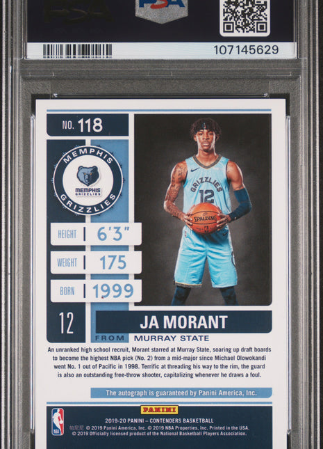 2019 Panini Contenders Ja Morant #118 Face. FWD Au Finals TKT. PSA 8 Auto 10