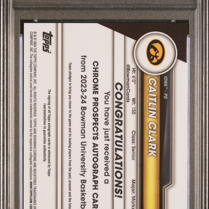 2023 Bowman University Chrome Caitlin Clark Yellow Refractor /75 PSA 10 Auto