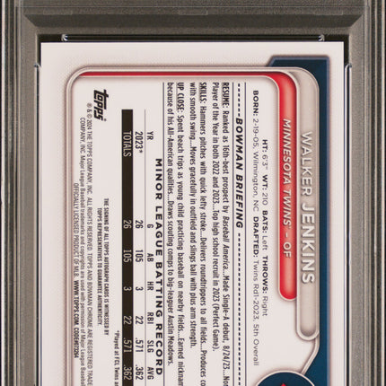 2024 Bowman Chrome Prospect Walker Jenkins #CPAWJ Blue Lunar 040/150 PSA 10 Auto