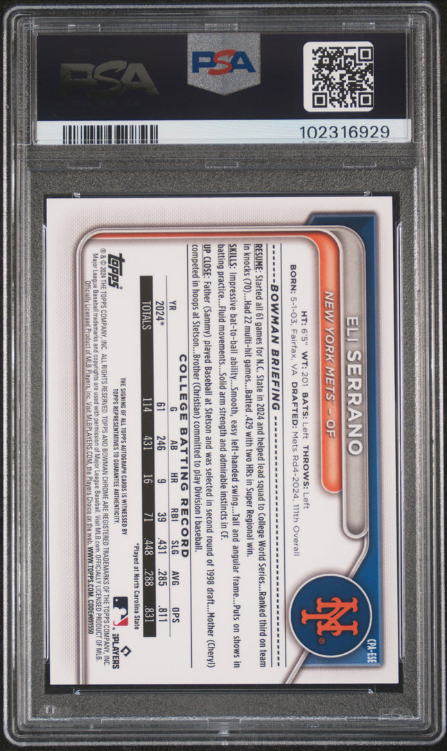 2024 Bowman Draft Chrome Auto Eli Serrano #CPAESE Snowflower Seeds / 5 PSA 10