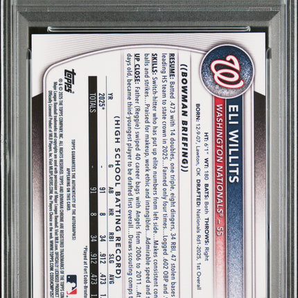 2025 Bowman Draft Chrome Prospect Eli Willits #CPA-EW 140/250 PSA 10 Auto