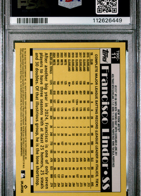 2025 Topps Silver Pack 1990 Chrome Promo Francisco Lindor #11 Gold 17/50 PSA 10
