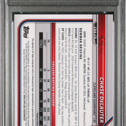 2022 Bowman Draft Chrome Chase Delauter #CDACD Black Refractor /75 PSA 9 Auto