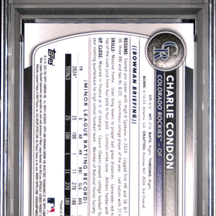 2025 Bowman Chrome Prospects Charlie Condon #BCP75 PRS Etched In Glass Var PSA 8