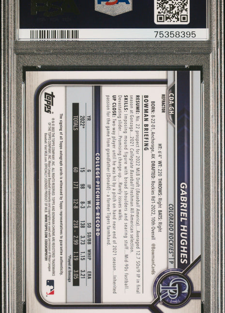2022 Bowman Draft Chrome Auto Gabriel Hughes #CDAGH DP Refractor /499 PSA 10