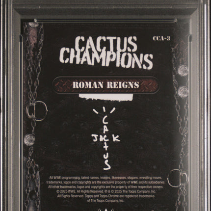 2025 Topps Chrome WWE Cactus Jack Cactus Champions Roman Reigns Red /5 PSA 9