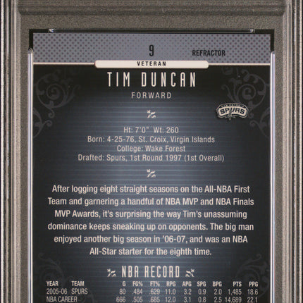 2006 Finest Tim Duncan #9 Black Refractor PSA 10 /99