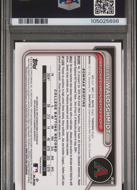 2024 Bowman Draft Chrome Auto Ryan Waldschmidt #CPARW Yellow Ref /75 PSA 10
