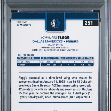2025 Topps Chrome Cooper Flagg #251 Prism Refractor PSA 9