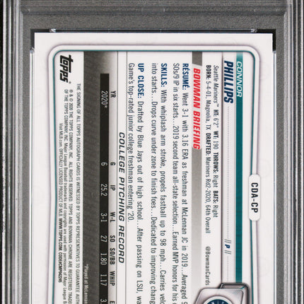 2020 Bowman Draft Chrome Auto Connor Phillips #CDACP Blue Refractor PSA 9 /150