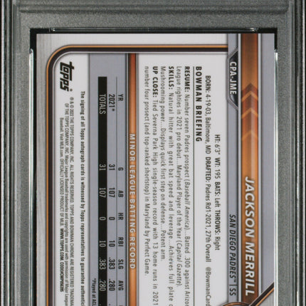 2022 Bowman Chrome Jackson Merrill Green Atomic Refractor /99 PSA 10 Auto