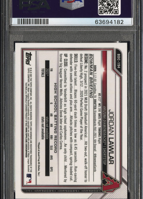 2021 Bowman Draft Jordan Lawlar #BDC194 Chrome Sparkle Refractor PSA 10