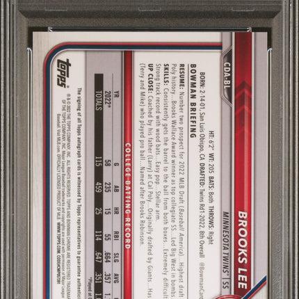2022 Bowman Draft Chrome Draft Auto Brooks Lee #CDABL Black Refractor /75 PSA 10