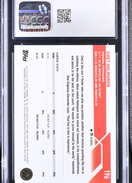 2023-24 Topps Chrome Chet Holmgren #196 Red Geometric Refractor CGC 9 /5