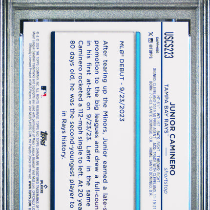 2024 Topps Chrome Sapphire Update Series Junior Caminero #223 PSA 10