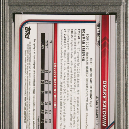 2022 Bowman Draft Chrome Drake Baldwin #CDADBN Blue Refractor /150 PSA 10 Auto