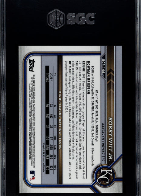 2022 Bowman Bobby Witt JR. #BCP-146 CHR. Pros. Orange Shim. Refractor SGC 9.5