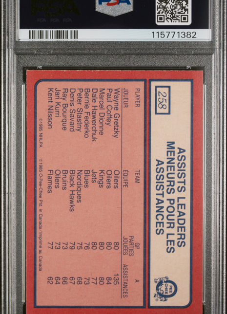 1985 O-Pee-Chee Wayne Gretzky #258 Assists Leaders PSA 8