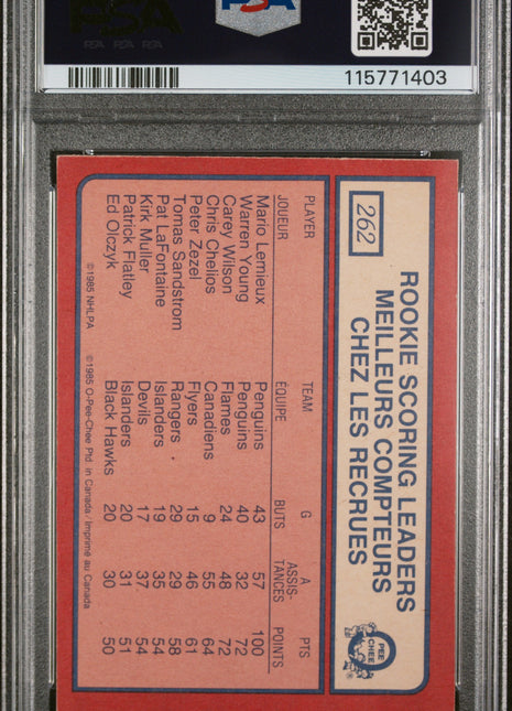 1985 O-Pee-Chee Mario Lemieux #262 Rookie Scoring Leaders PSA 6