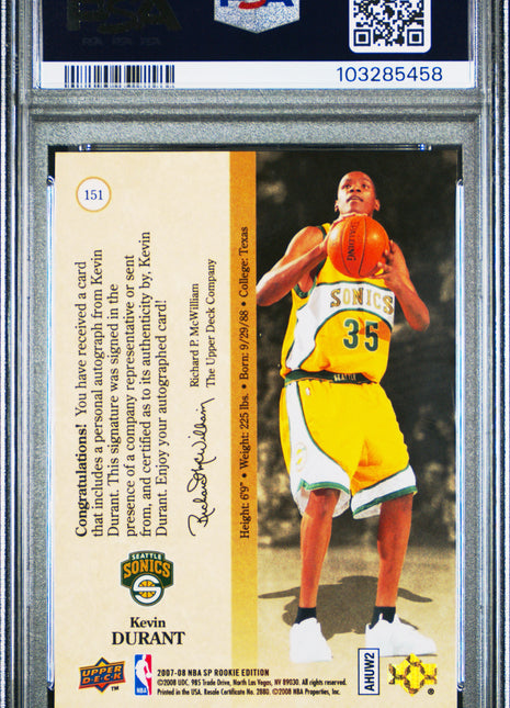 2007 SP Rookie Edition Kevin Durant #151 '94 Design Autograph PSA 9