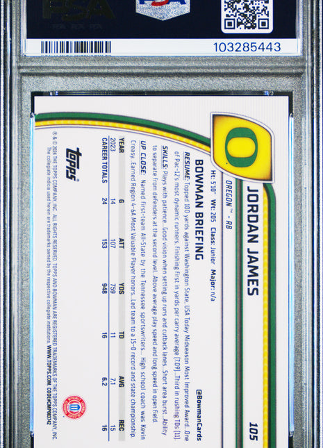 2024 Bowman University Chrome Jordan James #105 Gold Refractor PSA 10