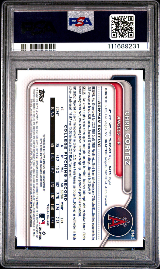 2024 Bowman Draft Chrome Auto Chris Cortez #CPACCZ Peanuts Ref /5 PSA 10