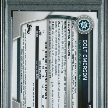 2023 Bowman Draft Colt Emerson #BDC42 Chrome Purple Refractor 093/250 PSA 9