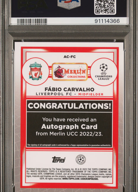 2022-23 Topps Merlin Chrome Blue Auto Fabio Carvalho #FC PSA 9 /75