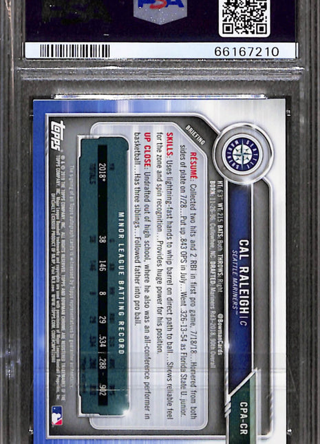 2019 Bowman Chrome Prospects Autographs Cal Raleigh #CPACR Blue Refractor PSA 9