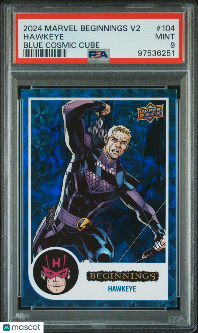 2024 UD Marvel Beginnings Vol.2 Series 2 Hawkeye #104 PSA 9 Blue Cosmic /99