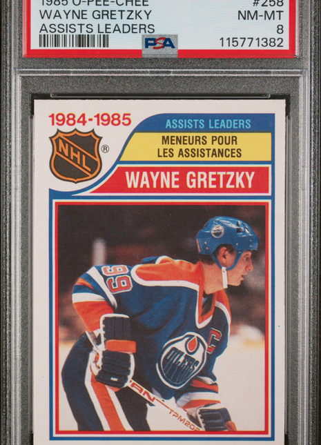 1985 O-Pee-Chee Wayne Gretzky #258 Assists Leaders PSA 8