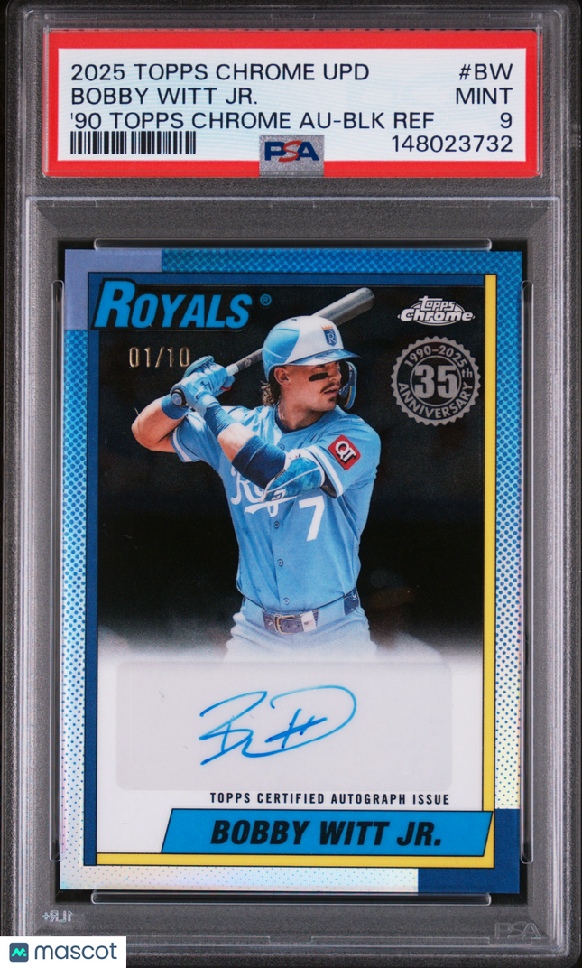 2025 Topps Chrome Update 1990 Bobby Witt #BW Black Refractor Auto 01/10 PSA 9