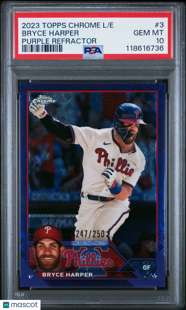 2023 Topps Chrome Logofractor Bryce Harper #3 Purple Refractor 247/250 PSA 10