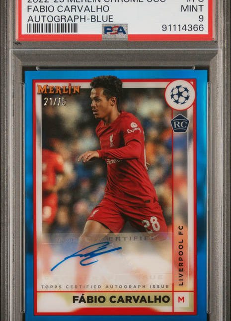 2022-23 Topps Merlin Chrome Blue Auto Fabio Carvalho #FC PSA 9 /75