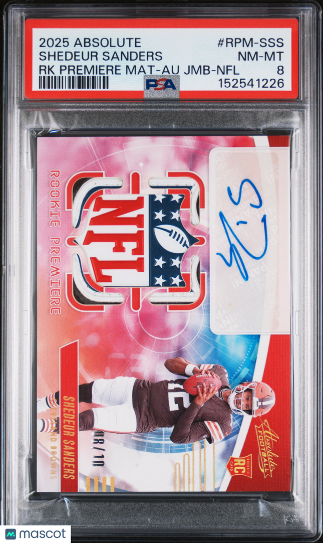 2025 Absolute Rookie Premiere Shedeur Sanders NFL Shield Patch Auto 08/10 PSA 8