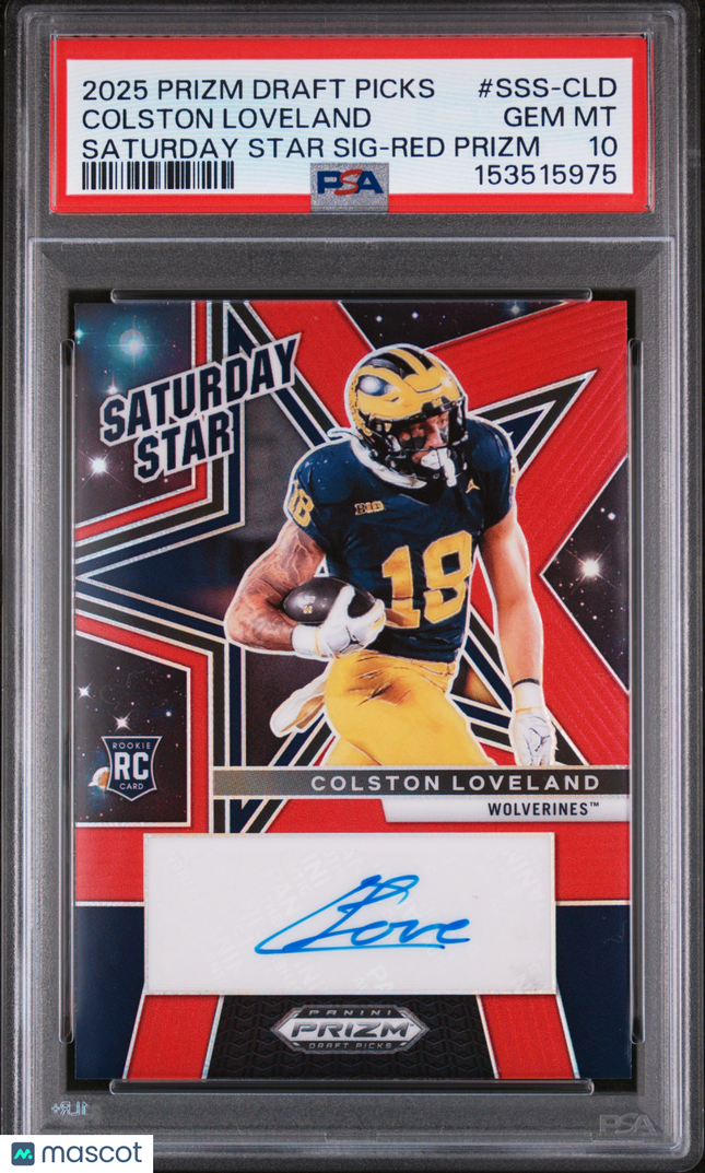 2025 Prizm Draft Saturday Star Colston Loveland #SSS-CLD Red Auto /100 PSA 10