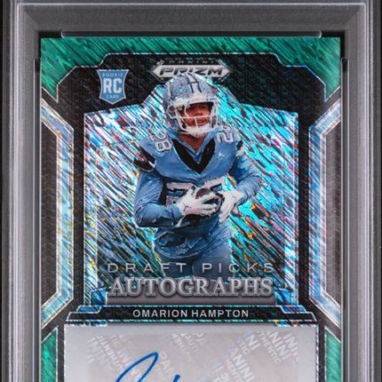 2025 Prizm Draft Picks Omarion Hampton #DPA-OHN DP Green Shimmer /8 PSA 10 Auto