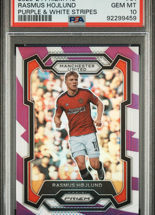 2023-24 Panini Prizm Rasmus Hojlund #51 Purple & White Stripes PSA 10