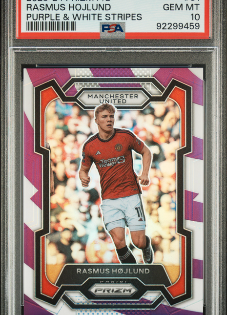 2023-24 Panini Prizm Rasmus Hojlund #51 Purple & White Stripes PSA 10