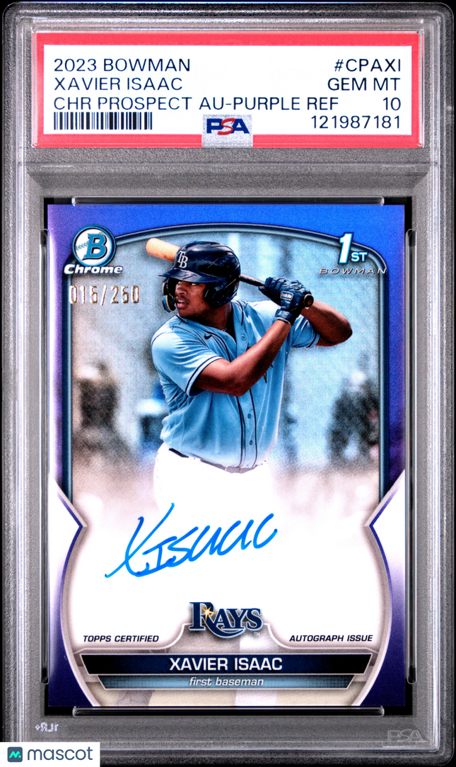 2023 Bowman Chrome Xavier Isaac #CPAXI Purple Refractor 016/250 PSA 10 Auto