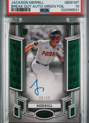 2024 Topps Tier One Break Out Auto Jackson Merrill Green Foil 35/49 PSA 10