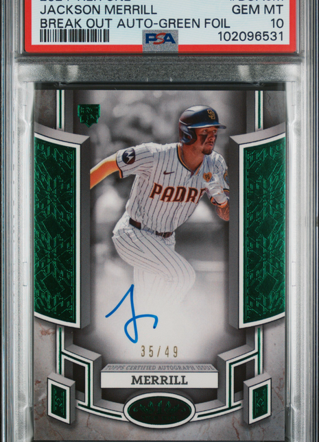 2024 Topps Tier One Break Out Auto Jackson Merrill Green Foil 35/49 PSA 10