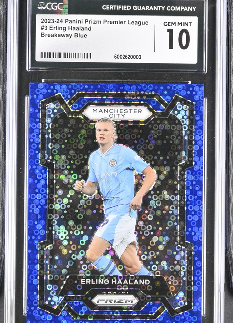 2023-24 Panini Prizm Premier League Erling Haaland #3 Breakaway Blue CGC 10